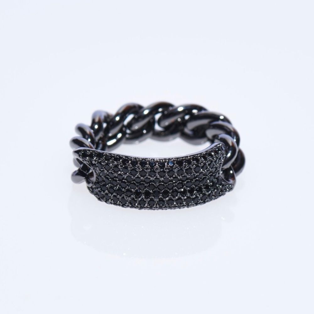 GUNMETAL ARTICULATED CUBAN CHAIN LINK ID RING WITH BLACK MICRO CZs SIGNET BOHO
